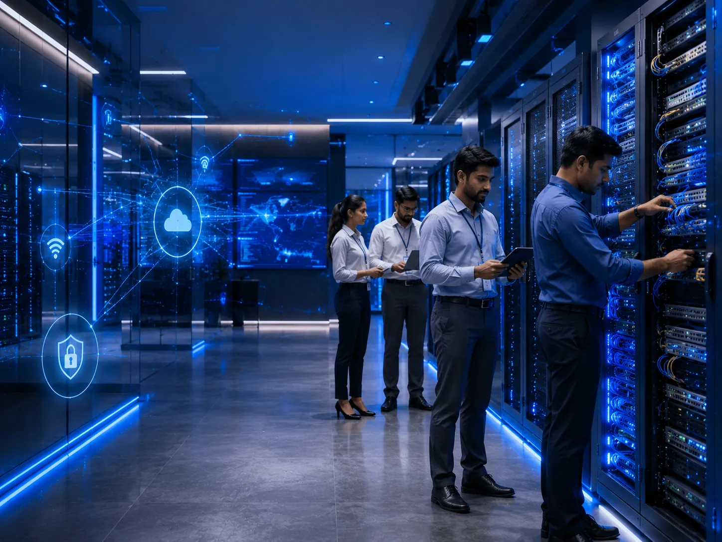 IT engineers working on networking equipment